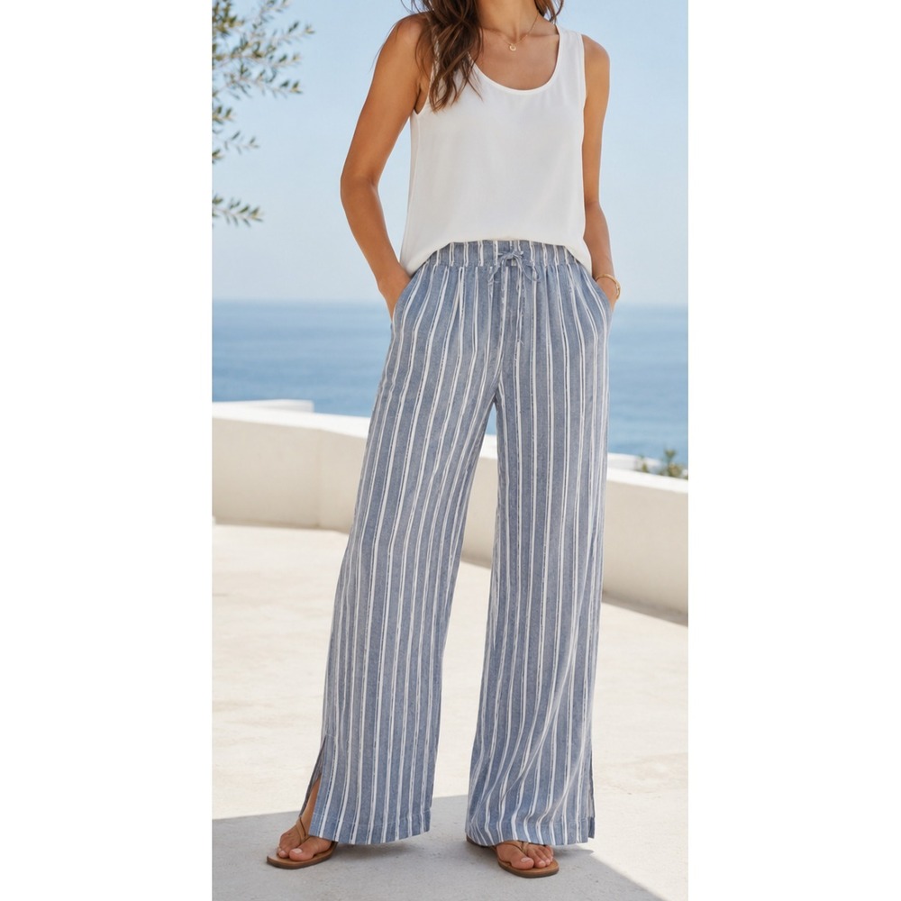 Cloth & Stone Linen Blend Wide Leg Slit Pants Size Medium Striped Blue Resort
